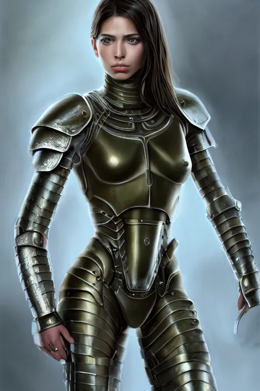 Image similar to a photorealistic painting of an attractive young girl, partially clothed in dull metal-plated battle armor, olive skin, long dark hair, beautiful bone structure, symmetric facial features, perfect eyes, intricate, elegant, slim muscular body, natural physique, digital painting, concept art, finely detailed, illustration, sharp focus, minimal artifacts, from Metal Gear, by Greg Rutkowski, in the style of Ruan Jia and Mandy Jurgens and Artgerm and William-Adolphe Bouguerea, trending on Artstation, award winning