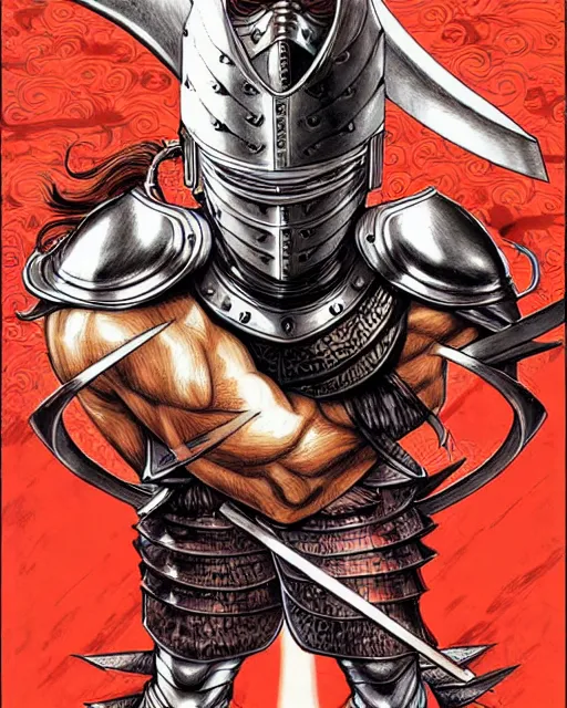 Image similar to illustration of a strong warrior man, knight || VERY VERY ANIME!!!, fine-face, realistic shaded perfect face, fine details. Anime. realistic shaded lighting poster by katsuhiro otomo, ghost-in-the-shell, ayami kojima