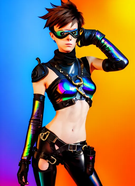 Image similar to oil painting digital artwork of tracer overwatch, confident pose, wearing black iridescent rainbow latex, 4 k, expressive happy smug expression, makeup, in style of mark arian, wearing leather collar, wearing sleek full body armor, black leather harness, expressive detailed face and eyes,