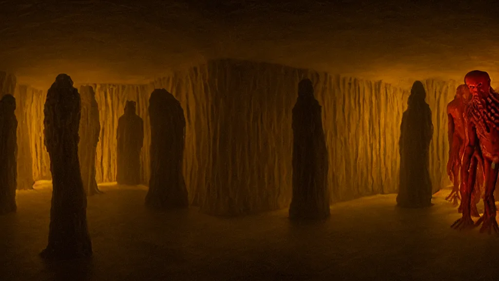 Image similar to the creature in the basement, made of glowing wax and ceramic, surrounded by friendly faces, film still from the movie directed by denis villeneuve and david cronenberg with art direction by salvador dali and zdzisław beksinski, wide lens