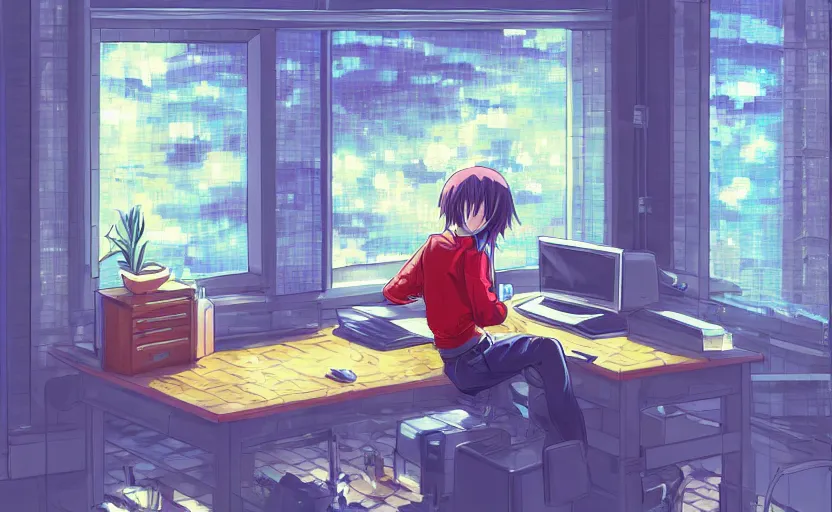 Image similar to Anime Character sitting and relaxing in front of their work desk in their cozy room as a peaceful rainy city scene is seen through the room's window. Smooth Highly detailed masterpiece pixel-art. in the style of Close Highly detailed masterpiece professional artistry Sega, Namco, Neogeo, Capcom artist's Pixel-art. Trending on artstation. Slice-of-life genre art. Balanced colors and lighting scheme by James Gurney and artgerm. In the style of a 'Music to chill/study' to youtube video.