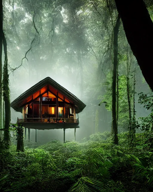 Prompt: an exquisite wooden house in the middle of a lush forest, visible through the lush overgrowth, architectural photography, dark and dim lighting, beautiful, tranquil, moody, cinematic, fantasy, 3 5 mm lens, volumetric lighting, first person view, photographic render, hyper realistic