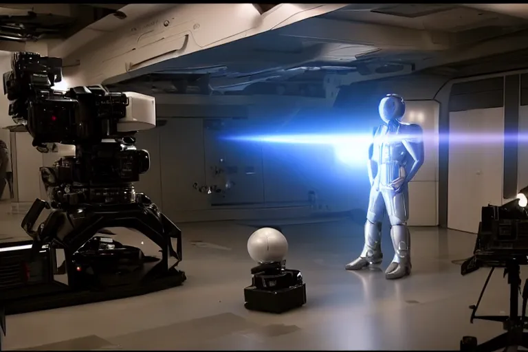 Image similar to vfx film, behind the scenes, on location, set design, making of, big film production, camera steady cam operator filming futuristic tesla humanoid robots, high tech space ship interior, flat color profile low - key lighting award winning photography arri alexa cinematography, hyper real photorealistic cinematic, atmospheric cool colorgrade