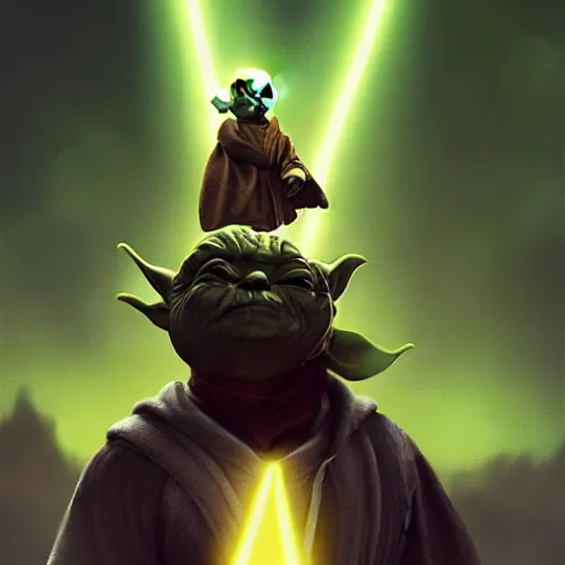 Prompt: jorge porcel carrying yoda on his shoulders, cinematic, backlighting, trending on artstation, movie poster