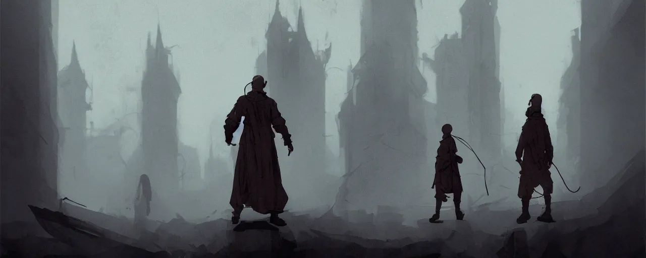 Prompt: duotone marble noir illustration 3 / 4 portrait of bald merchant demon without beard and without hat. medieval clothes with pouches. brown tunic. silhouettes floating in the foggy background. by sachin teng and sergey kolesov and ruan jia and heng z. graffiti art, scifi, fantasy, hyper detailed. octane render. concept art. trending on artstation