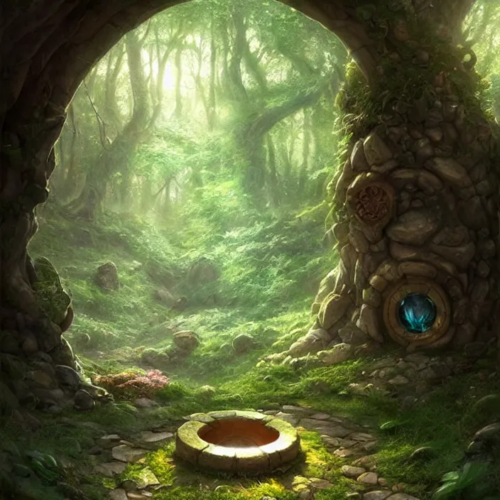 Image similar to Fantasy Magical fairy-tale stone portal in the forest. Round stone portal teleport in trees to other worlds. Fantastic landscape. Magic Altar in the fores, highly detailed, digital painting, artstation, concept art, smooth, sharp focus, illustration, art by artgerm and greg rutkowski and alphonse mucha