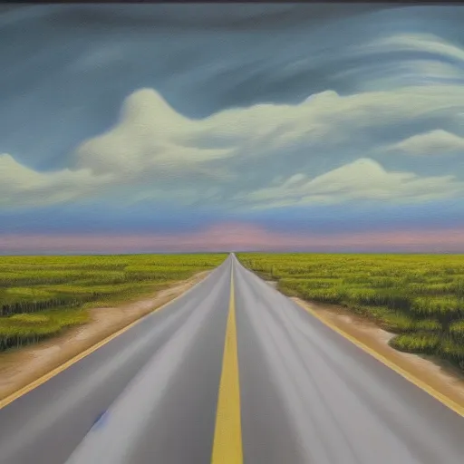 Prompt: depression highway, oil and acrylic on canvas, surrealism, high detail