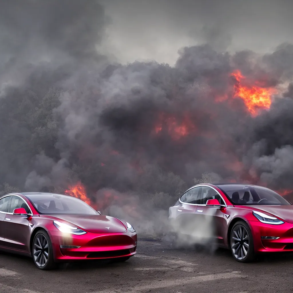 Image similar to Tesla model 3 driving across Ukraine, War on the horizon, Smoke and fire everywhere, Dark horror like style , The tesla has red color and is intact , Shot is taken from the profile of the car , road is blurred from the movement.