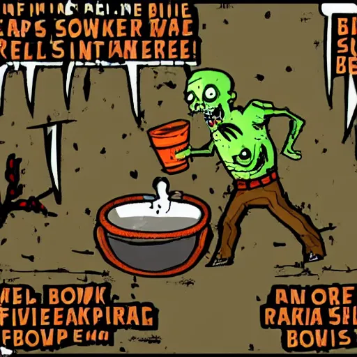 Image similar to a zombie puts out a bowl of soup as a trap for adventurers looking to loot his fake corpse, but they walk right past it and into a pitfall while he laughs at them from behind the bushes