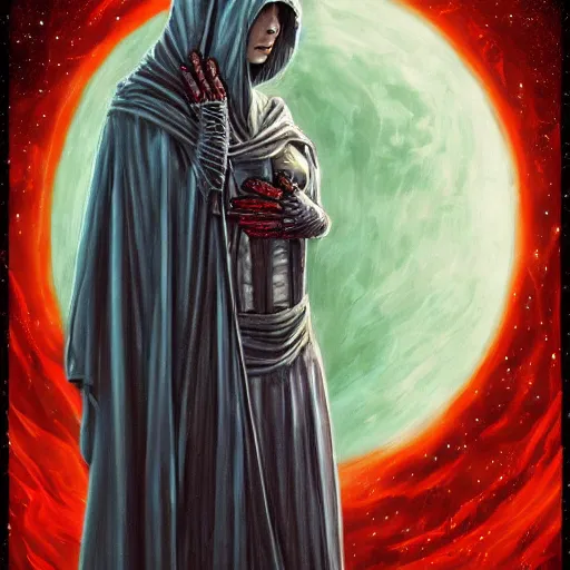 Image similar to tall thin gray - skinned brooding space elf priestess in ornate hooded long red cloak, on space station, highly detailed, mike mignogna, comic book, science fiction, dark tones, dark, rough paper, oil painting