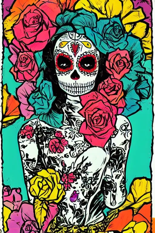 Prompt: Illustration of a sugar skull day of the dead girl, art by will eisner