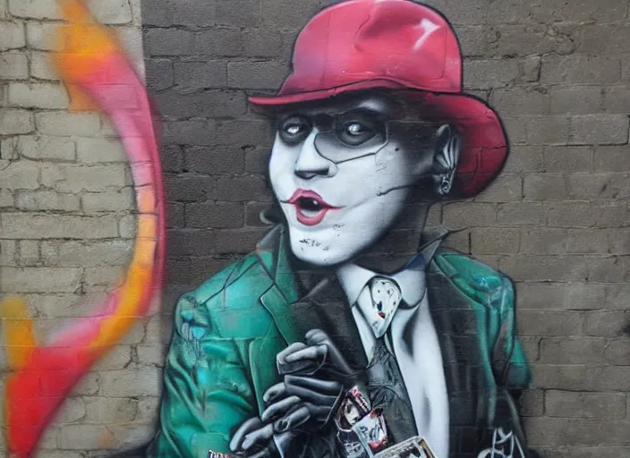 Prompt: Trickster is Pokerface, a detailed realistic graffiti painting, street art, banksy