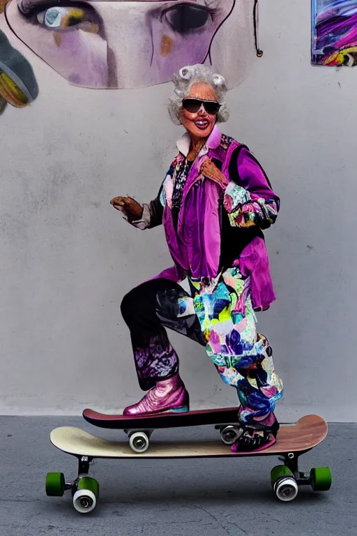 Image similar to a portrait of a fashionable gran on a skateboard in los angeles, in the style of david lachapelle