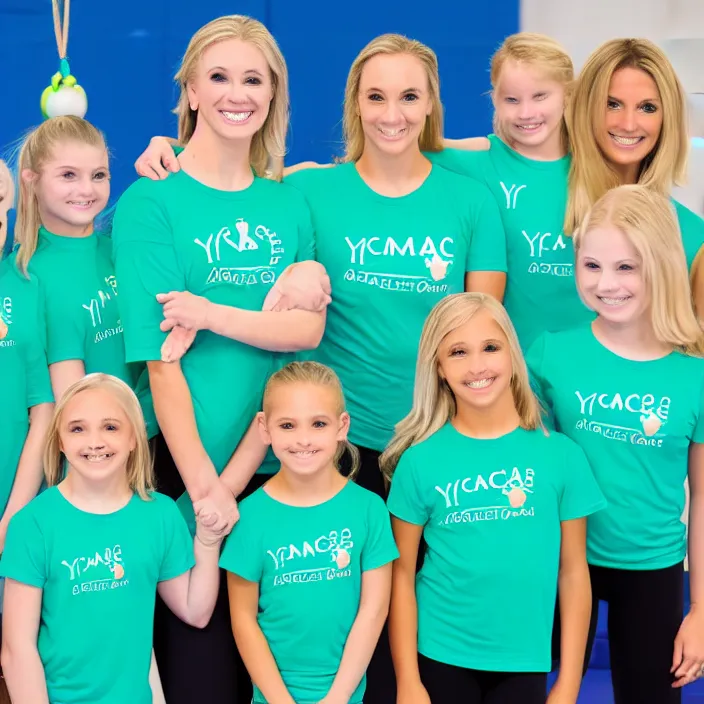 Image similar to blonde ymca gymnastics coach with aquamarine green t shirt with y logo on it teaching kids gymnastics, high detail, good lighting