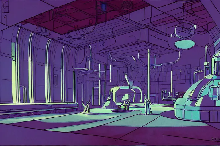 Prompt: a scifi illustration, factory interior. seen from ceiling, extreme angle. vats of fluid. flat colors, limited palette in FANTASTIC PLANET La planète sauvage animation by René Laloux