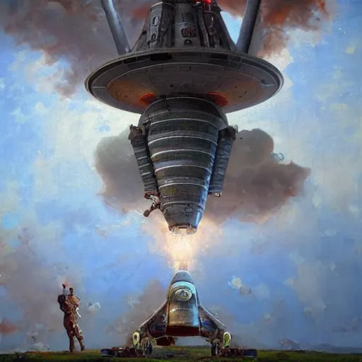 Image similar to a russian spaceship stuck in the ground, the spaceship is on fire, smoke, rainstorm, lightning, angry, kinetic, john sargent, adolphe bouguereaum, norman rockwell, style by peter deligdisch, concept art by jama jurabaev, trending on artstation, highly detailed oil painting,