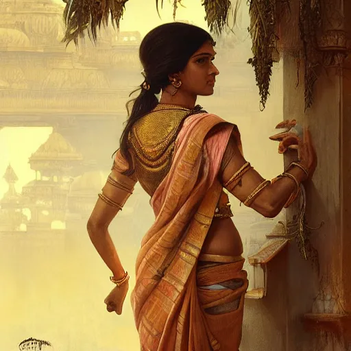 Image similar to south indian woman, sari, ultra realistic, concept art, intricate details, eerie, horror, highly detailed, photorealistic, octane render, 8 k, unreal engine. art by artgerm and greg rutkowski and alphonse mucha