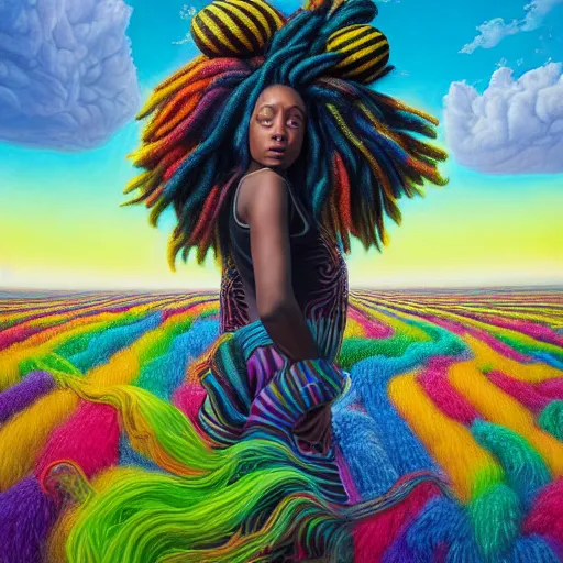 Image similar to a wide angle shot of a black girl with colorful dreadlocks in a field of candy, by Adi granov and afarin sajedi and amanda sage and evgeni gordiets and Agostino Arrivabene and adonna khare in a psychedelic portrait style, ultrarealistic matte painting, volumetric lighting, fractal, extremely symmetrical, highly detailed face, orisha, 8k, hd