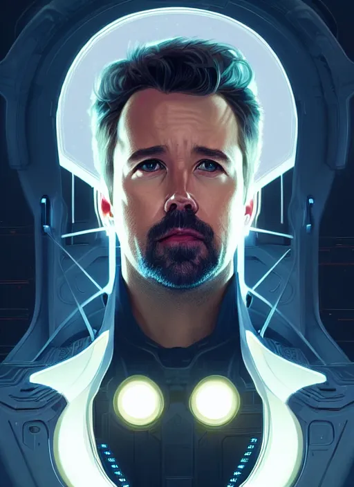 Prompt: symmetry! portrait of rob mcelhenney, sci - fi, tech wear, glowing lights!! intricate, elegant, highly detailed, digital painting, artstation, concept art, smooth, sharp focus, illustration, art by artgerm and greg rutkowski and alphonse mucha