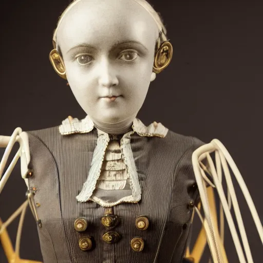 Image similar to close up portrait of a life size victorian female automaton standing in with a bicycle, 8 k, soft lighting, highly detailed realistic, face in focus 1 8 9 0's liminal