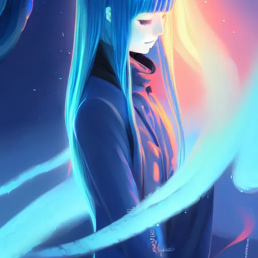 Prompt: blue slime swirling around rimuru tempest crying, enveloped in ghosts, sky blue straight hair, bangs, with amber eyes, long black coat, high collar, ultra fine detaile, dark theme, digital painting, psychedelic, cinematic, wlop, pixiv, ilya kuvshinov, ross tran