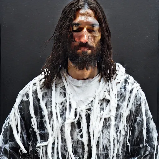 Image similar to a full body lookbook portrait of modern - day jesus wearing virgil abloh streetwear collection by nicola samori, hat and hoodie, detailed, oil painting, hyper - realistic, 8 k, yeezy collection