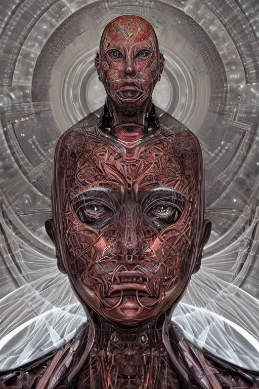 Prompt: cinematic portrait of an Robot. Centered, uncut, unzoom, symmetry. charachter illustration. Dmt entity manifestation. Surreal render, ultra realistic, zenith view. Made by hakan hisim feat cameron gray and alex grey. Polished. Inspired by patricio clarey, heidi taillefer scifi painter glenn brown. Slightly Decorated with Sacred geometry and fractals. Extremely ornated. artstation, cgsociety, unreal engine, ray tracing, detailed illustration, hd, 4k, digital art, overdetailed art. Intricate omnious visionary concept art, shamanic arts ayahuasca trip illustration. Extremely psychedelic. Dslr, tiltshift, dof. 64megapixel. complementing colors. Remixed by lyzergium.art feat binx.ly and machine.delusions. zerg aesthetics. Trending on artstation, deviantart