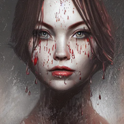 Image similar to impudent facial expression of a shameless woman, impudent facial expression of shameless woman, atmosphere of bloody rain, shadow of the cross, trending on artstation, highly detailed, digital painting, volumetric light, concept art, sharp focus, illustration