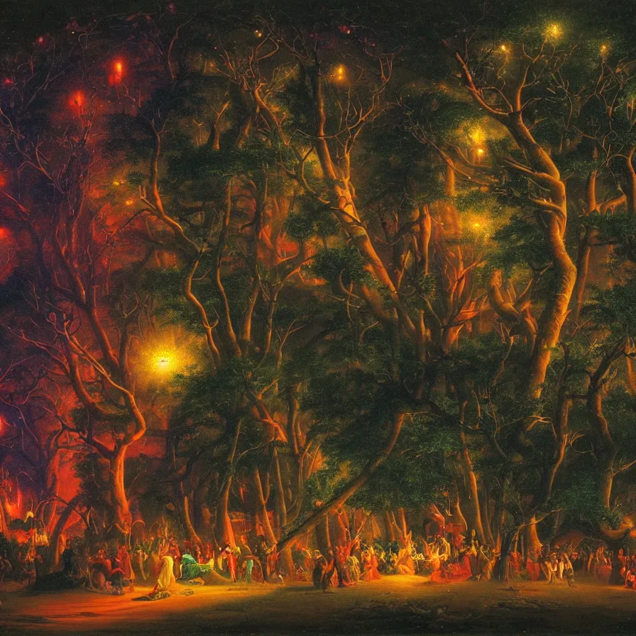 Image similar to closeup of a night carnival around a magical in a summer storm, tree cavity with a music scenario with many fireworks and christmas lights,, volumetric lightning, intense colored god rays in the sky, folklore people disguised with fantastic creatures in a magical forest by summer night, masterpiece painted by martin johnson heade, scene by dark night environment, refraction lights,