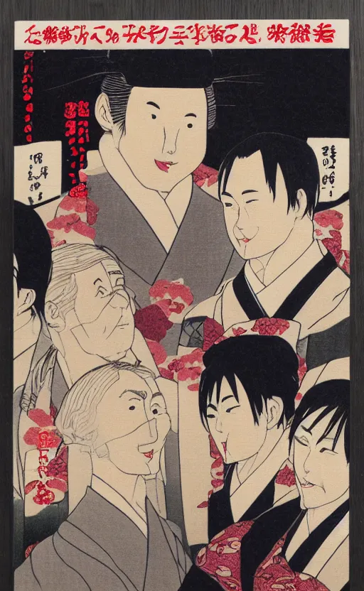 Image similar to by akio watanabe, manga art, the curtain of a rakugo theatre, the show is about to begin, trading card front, sun in the background