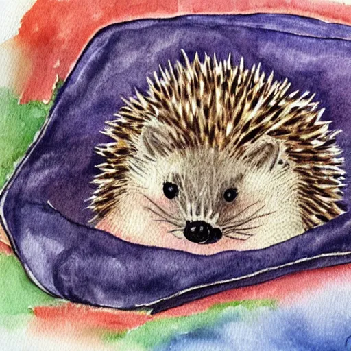 Prompt: a hedgehog in a cozy blanket on a rainy day, watercolor and ink by Usman Connor