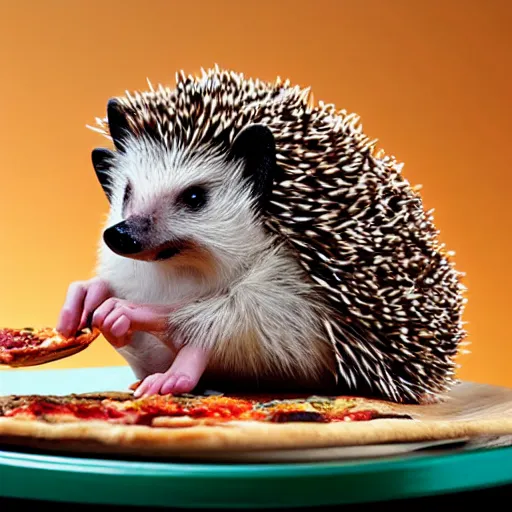 Image similar to still image of an adorable hedgehog sitting at a tiny table eating a tiny pizza, photo