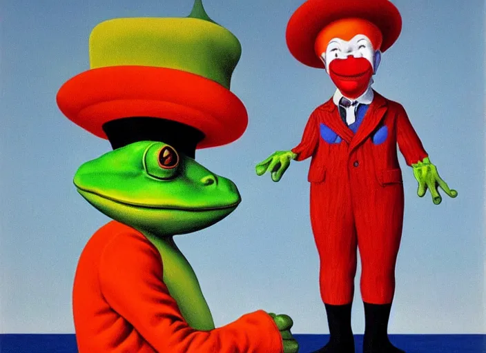 Image similar to The Clown Frog King welcomes you Clown World, painting by René Magritte and Robert Crumb and Ralph McQuarrie