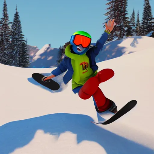 Image similar to pixar render of an excellent snowboarder