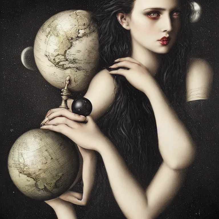 Prompt: a woman in black with long hair holding a small globe by tom bagshaw