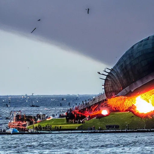 Image similar to disaster photography, giant zeppelin after collision into statue of liberty, full color, explosion, 8k, hd, high resolution