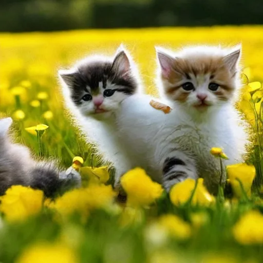 Image similar to photo of cute fluffy baby kittens chasing a cute yellow baby duck in a field of flowers, award - winning photograph, national geographic, perfect lighting