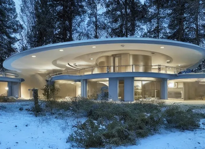 Image similar to zillow listing of a retro futuristic science fiction home for sale on a weird ice planet