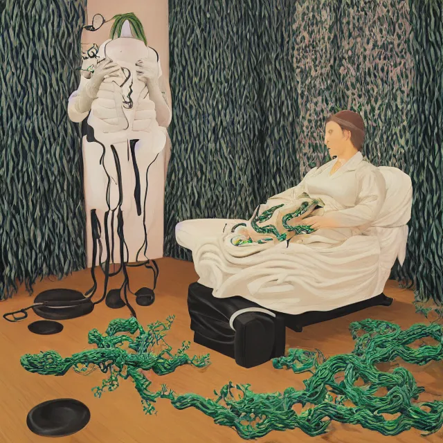 Image similar to a female pathology student in her apartment, wrapped in vines, medical equipment, stepping stones, octopus, pig, black walls, ikebana, black armchair, sculpture, acrylic on canvas, surrealist, by magritte and monet