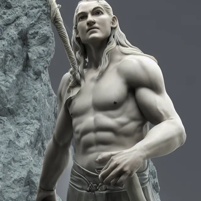 Image similar to marble sculpture of legolas, realistic, unreal engine render, octane render, hyper realistic, photo, 8 k, cinematic lighting