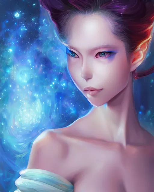 Image similar to A realistic anime portrait of a beautiful cosmic woman with glowing blue eyes and cosmic skin wearing clothes made of universes, digital painting, by Stanley Artgerm Lau, Sakimichan, WLOP and Rossdraws, digtial painting, trending on ArtStation, SFW version