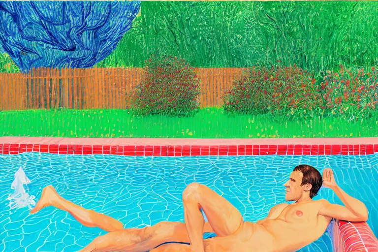 Image similar to emmanuel macron sunbathing in a swimming pool in a house in california, summer blue sky, shimmering water, lush trees and bushes garden lawn, by david hockney, peter doig, lucien freud, francis bacon, pop realism, oil on canvas