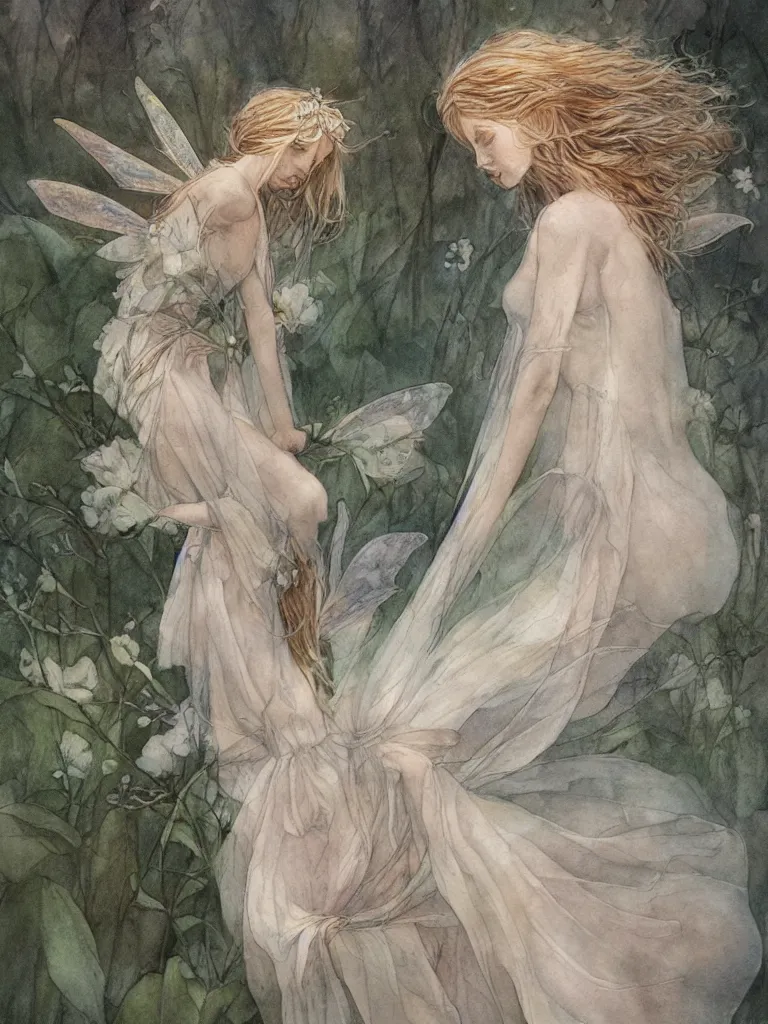 Image similar to study of a flower fairy, illustration, watercolor, alan lee, detailed, pretty, ethereal, realistic, artstation,