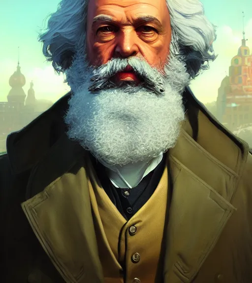 Image similar to highly detailed portrait karl marx in gta v, stephen bliss, unreal engine, fantasy art by greg rutkowski, loish, rhads, ferdinand knab, makoto shinkai and lois van baarle, ilya kuvshinov, rossdraws, tom bagshaw, global illumination, radiant light, detailed and intricate environment, guns, muscles, atlantic