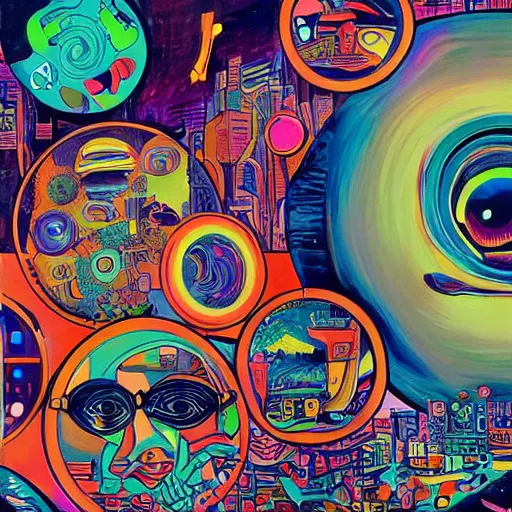 Prompt: a painting of an eye surrounded by various objects, cyberpunk art by lale westvind, behance contest winner, cubo - futurism, tesseract, biomorphic, psychedelic