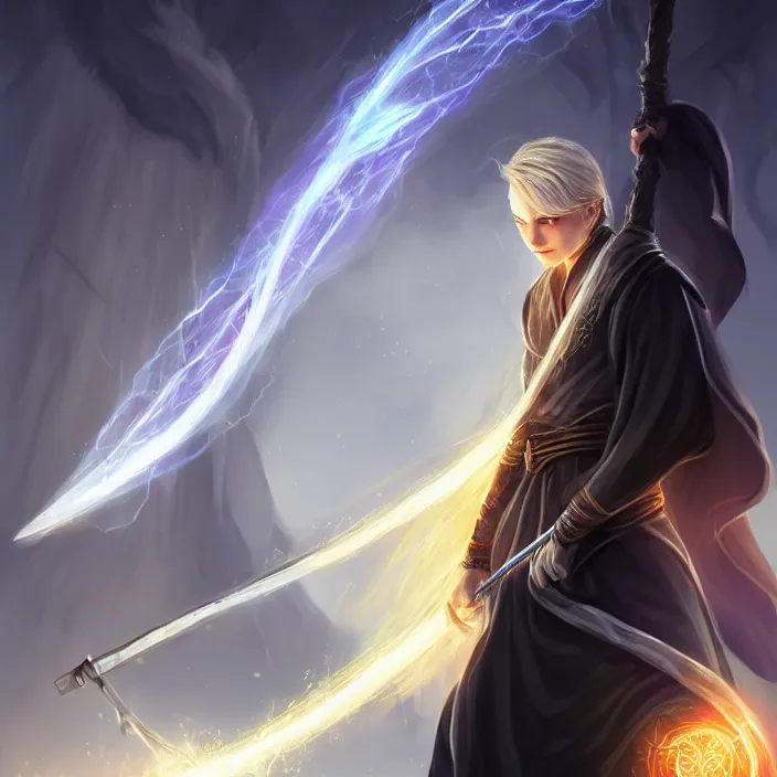 Image similar to Young, handsome wizard with a blonde ponytail wearing exquisite black robes, a spider cloak and wielding a legendary staff of light. Magic, bright lighting, flux. High fantasy, digital painting, HD, 4k, detailed.