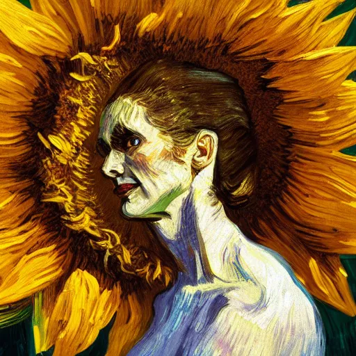 Image similar to closeup, giant sunflower head, woman standing in a room, surreal, dramatic light, impressionist painting, digital painting, artstation, van gogh