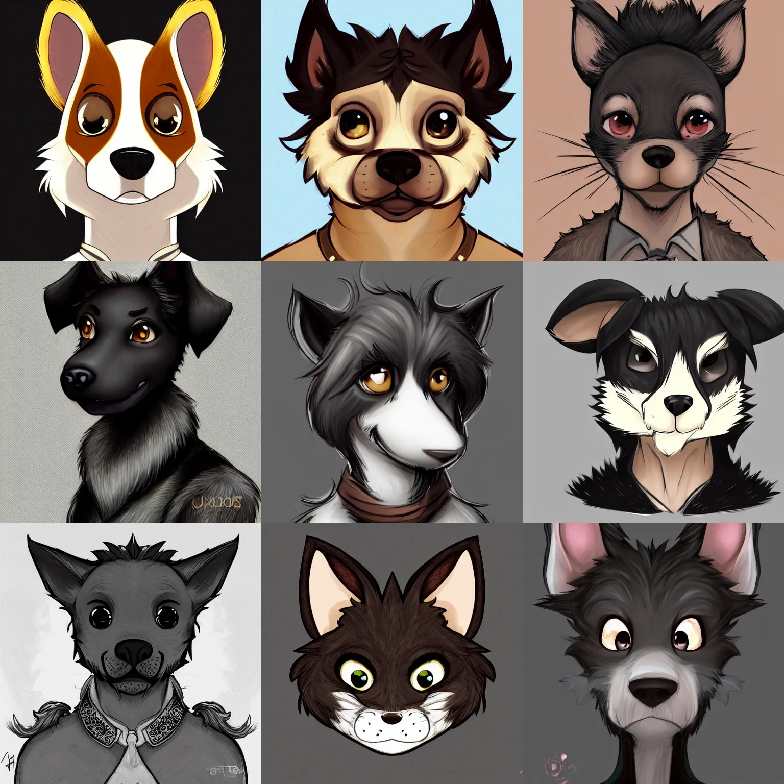 Image similar to 3/4 headshot of young male furry, D&D, cute, fantasy, intricate, short hair, black skin, dog face, dog nose, dog head, dog ears, black hair, elegant, highly detailed, cartoony, artstation, concept art, smooth, sharp focus, illustration, art by Diives