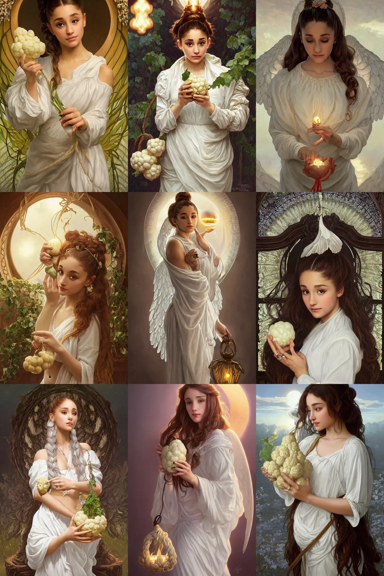 Prompt: beautiful cottagecore Ariana Grande in a white rope holding a white cauliflower, holy light, angel, intricate, elegant, highly detailed, digital painting, artstation, concept art, smooth, sharp, focus, illustration, art by artgerm and greg rutkowski and alphonse mucha