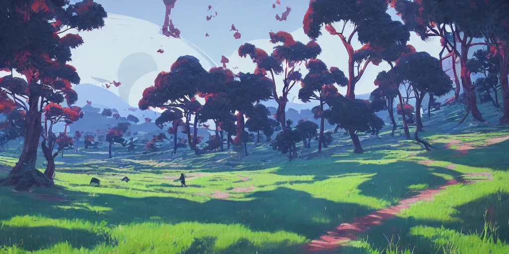 Prompt: landscape painting at noon by james jean and David Schnell painted in no mans sky style